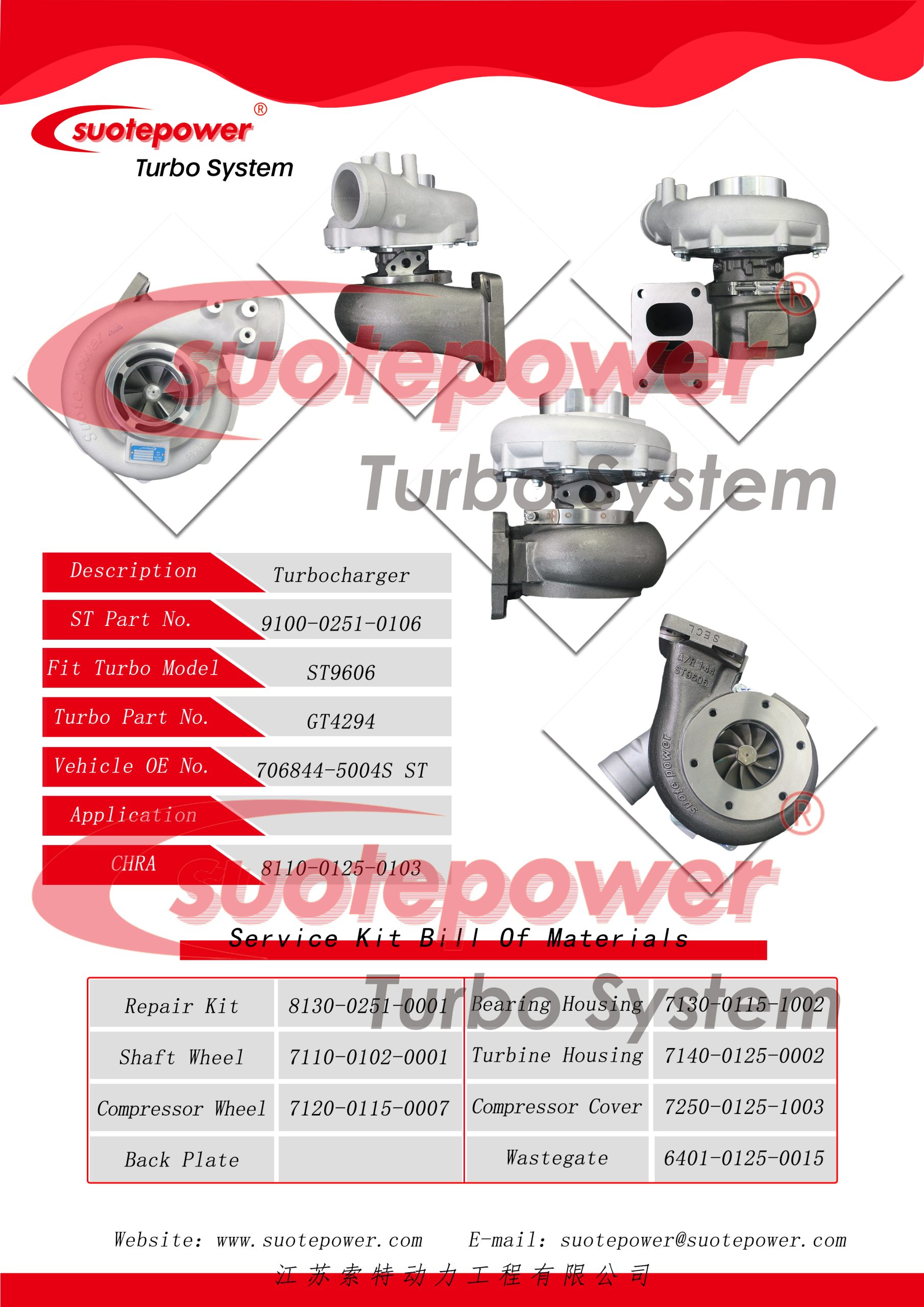 SP/NO : 9100-0251-0106 Replace : ST9606 GT4294 706844-5004S ST